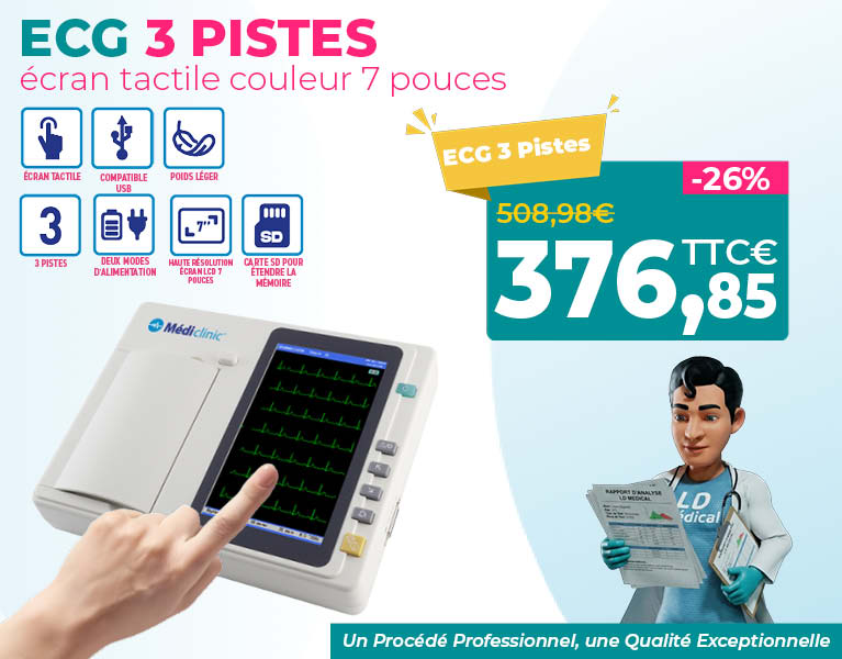 ECG 3 pistes &eacute;cran tactile couleur 7 pouces Medi'Clinic &ndash; &eacute;lectrocardiographe portable pour cabinet m&eacute;dical